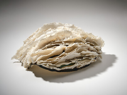 Mandy Coppes-Martin, A Delicate Abstraction, 2023, raw silk, antique lace and leather 
gloves, 47x46x8 cm (18.5x18.1x3.1 inches) 
Courtesy of the artist and Jenn Singer Gallery