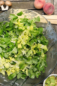 Piattini e ciotole con insalata e frutta