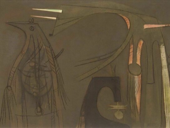 Wifredo Lam ( Cuba 1902-1982), Deux personnages et un oiseau, 1957, Oil on canvas, 25 5/8 x 39 3/8 In. 65 x 100 Cm. Signed and dated lower right.