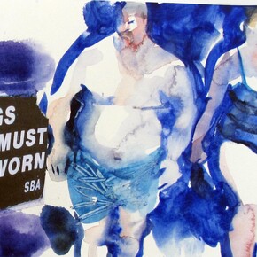John Short, Sketchbook – Bathers, ‘Togs must be worn’, watercolour and collage, 13 x 41cm. Courtesy of Solomon Fine Art