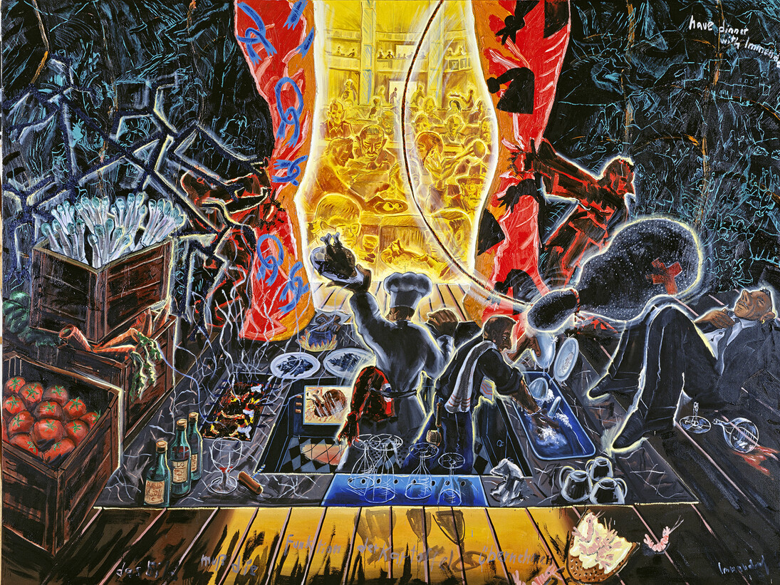 Jörg Immendorff, Das Bild muß die Funktion der Kartoffel übernehmen, 1988, Huile sur toile, 300 x 400 cm, Photo: inconnu – droits réservés © Collection privée