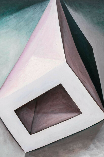 Sergio Palacios,
Red Corner (detail), 2023.
Acrylic on canvas,
48 x 36 in.Courtesy of the artist and Shrine Gallery