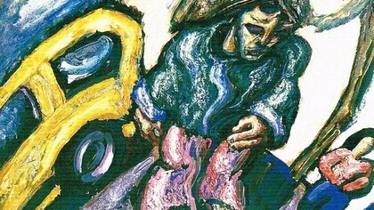 Alex Rapoport, "Vagabundo y taxi amarillo", gouache y témpera sobre madera, 1984