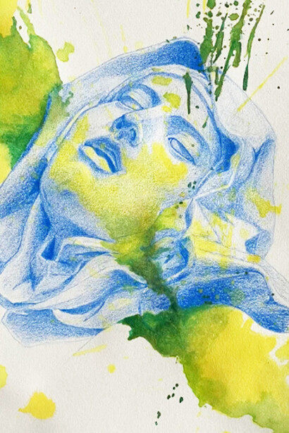 Tableau Ste Thérèse par SORA. C'est en visitant la galerie David à Angers que SORA a été inspirée par les sculptures exposées. Elle fait rejoindre sur cette oeuvre croquis, tableau patchwork et sa signature personnelle, la tache d'aquarelle