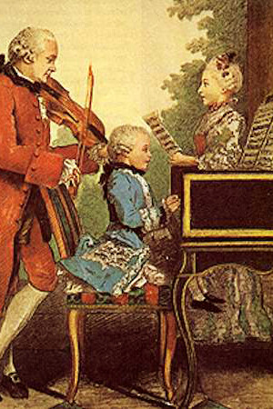 Mozart da bambino che suona il pianoforte accompagnato dal padre e dalla sorella