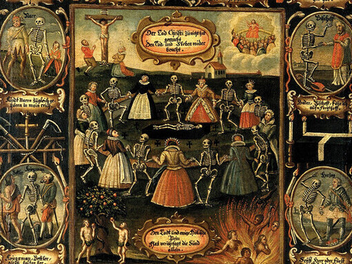Otras figuras tradicionales de la Danza de la Muerte, desde el papa y el emperador hasta el bufón, rodean la imagen central. Pintura alemana de la danza de la muerte. siglo XVIII. Una economía de la salvación