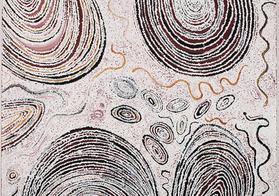 Billy Joongoora Thomas, Gunambalayi—Travels of the Black Snake, 2004, Natural earth pigments and synthetic binder on canvas, 59 1/16 x 70 7/8 inches