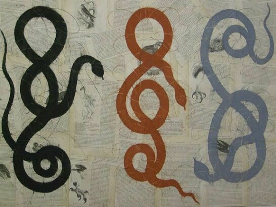 Louise Laplante, Three Graces, 2013, 26" X 40", chalk on vintage collaged paper