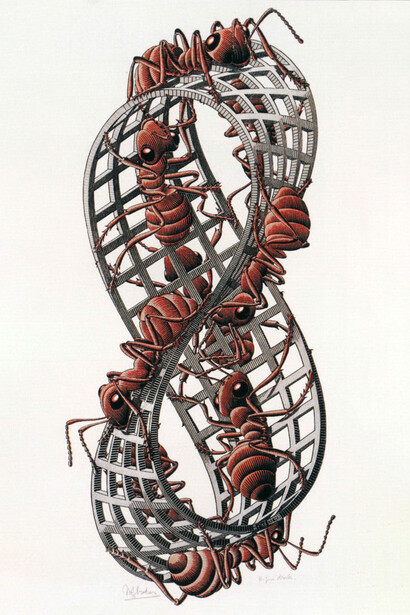 Maurits Cornelis Escher, Striscia di Möbius (1961): una teoria di formiche cammina indefinitamente sul nastro percorrendone tutta la superficie