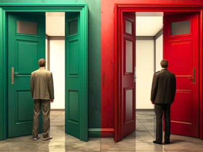 Two men pausing in front of two open doors, reflecting the fear of committing to one future while abandoning another
