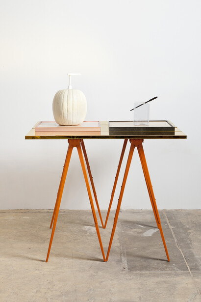 Alex Da Corte, Untitled, 2015, Table sculptures: sawhorses, ikea shelves, metal frames, plexi glass, Harry Potter, Wand, christmas ornament box, fake pumpkin, lotion pump, 119, 38 x 111, 76 x 122 cm
(47 x 44 x 48 in)
