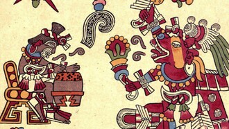 Página 4 del Códice Borbónico que retrata a Macuilxóchitl y Huehuecóyotl teniendo una conversación, representada a través del glifo mexica del habla