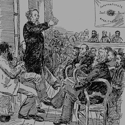 Mijaíl Bakunin hablando a miembros de la AIT en el Congreso de Basilea (1869)