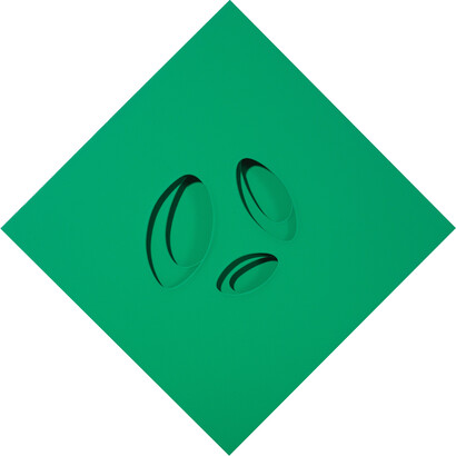 Paolo Scheggi, Intersuperficie curva verde, 1966, Green acrylic on three superimposed canvases, cm 80 x 80 x 6 / in 31.5 x 31.5 x 2.4. Courtesy Tornabuoni Art © Paolo Scheggi / SIAE