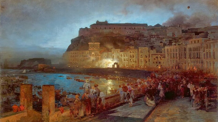 Oswald Achenbach (1827-1905).«Fiesta en Nápoles» (Fuegos de artificio en Santa Lucia, Nápoles, 1875. Óleo sobre lienzo. Museo del Hermitage, San Petersburgo, Rusia  
