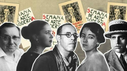 Colagem de fotografias dos membros do Grupo dos Cinco, da esquerda para direita: Menotti del Picchia, Tarsila do Amaral, Mário de Andrade, Anita Malfatti e Oswald de Andrade. A chamada Caravana Modernista era composta pelo escritor Mário de Andrade, o poeta Oswald de Andrade e seu filho Nonê, a pintora Tarsila do Amaral, o poeta franco-suíço Blaise Cendrars, os mecenas Paulo Prado e Olívia Guedes Penteado e o escritor e político Godofredo Rangel. A jornada, além de um exercício de descoberta, consolidaria uma identidade artística nacional autêntica, inspirando novas formas de expressão na literatura e nas artes visuais. Mais do que uma viagem, a Caravana Modernista foi um rito de passagem e um mergulho na essência de um Brasil que aprendia a se reconhecer
