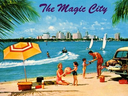 Palm trees, beach umbrellas, and skyline views evoke Miami’s transformation into a booming resort city fueled by real estate and tourism promotion
