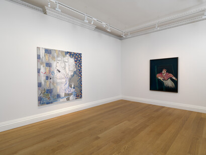 In Homage at Skarstedt London installation view, Sigmar Polke, This is How You Sit Correctly (left), 1982, Francis Bacon, Study for a Pope III (right), 1962, Image courtesy of Skarstedt
