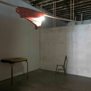 Josh Tonsfeldt, Untitled, 2013, wood, half a chair, half a formica table and eighteen plaster fiberglass and wood panels, each: 36 x 89 in. / 91.44 x 226.06 cm.