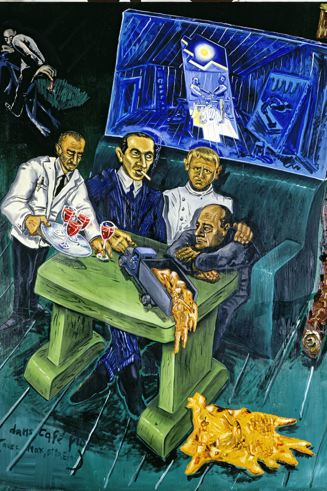 Jörg Immendorff, Dans Café de Flore (avec Max, Otto,Ernst), 1987, Huile sur toile, 300 x 260 cm, Photo: Lothar Schnepf, Cologne © Collection privée