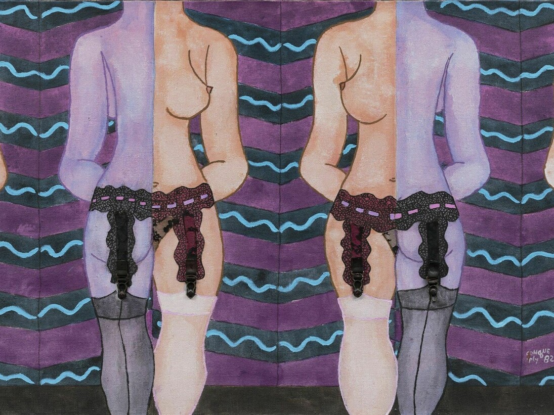 William N. Copley, Conçue, 1982, acrylic, lace and suspenders on canvas, 29 x 51 inches , 73.7 x 129.5 cm. Courtesy of Paul Kasmin Gallery
