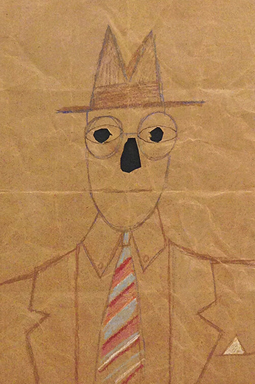 Untitled (Bag Man Mask), 1962, Colored chalk, crayon on paper, 18" x 12" © The Saul Steinberg Foundation/ARS, NY 