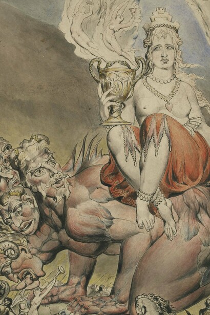 "La ramera de Babilonia con una triple corona", tinta y acuarela sobre papel, William Blake, 1809