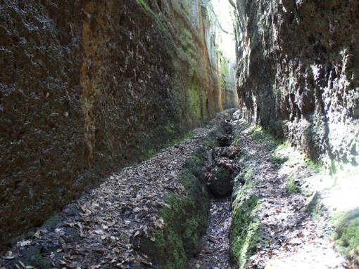 La strada tagliata nel tufo dagli Etruschi e poi sfruttata dai Romani e rinominata Via Clodia, Viterbo, Italia