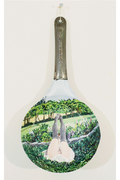 Betty Tompkins, Bottoms Up, 2000, acrylic paint on frying pan, 16x8 inches. Courtesy of Gavlak Gallery