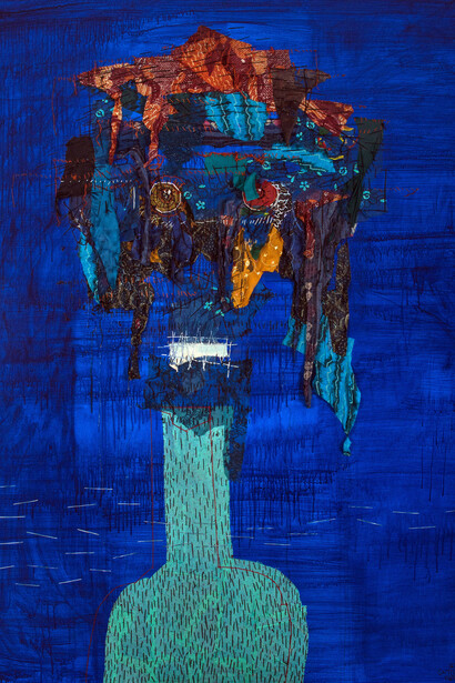 Gatot Pujiarto, Royalty (Darah Biru), 2015, Acrylic, textiles and thread on canvas, 200 x 150 cm; 78 3/4 x 59 in.