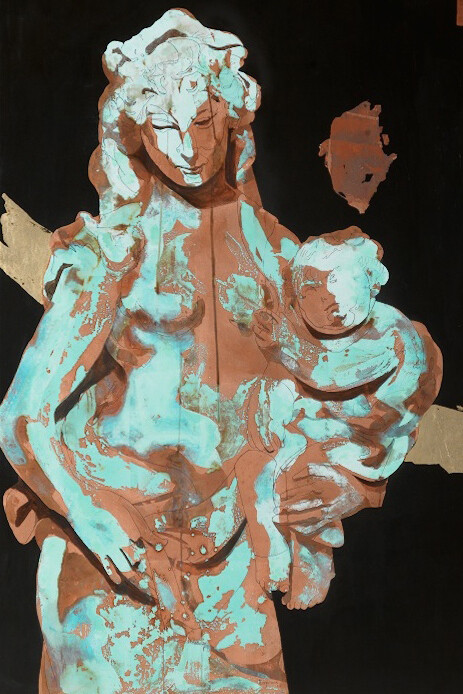 Marco Borgianni, da Jacopo Della Quercia "Acca larentia",
Siena, Santa Maria della Scala,
2014,
tecnica mista su tela con foglia di rame e ossidazione,
170,5 × 115,5 cm

