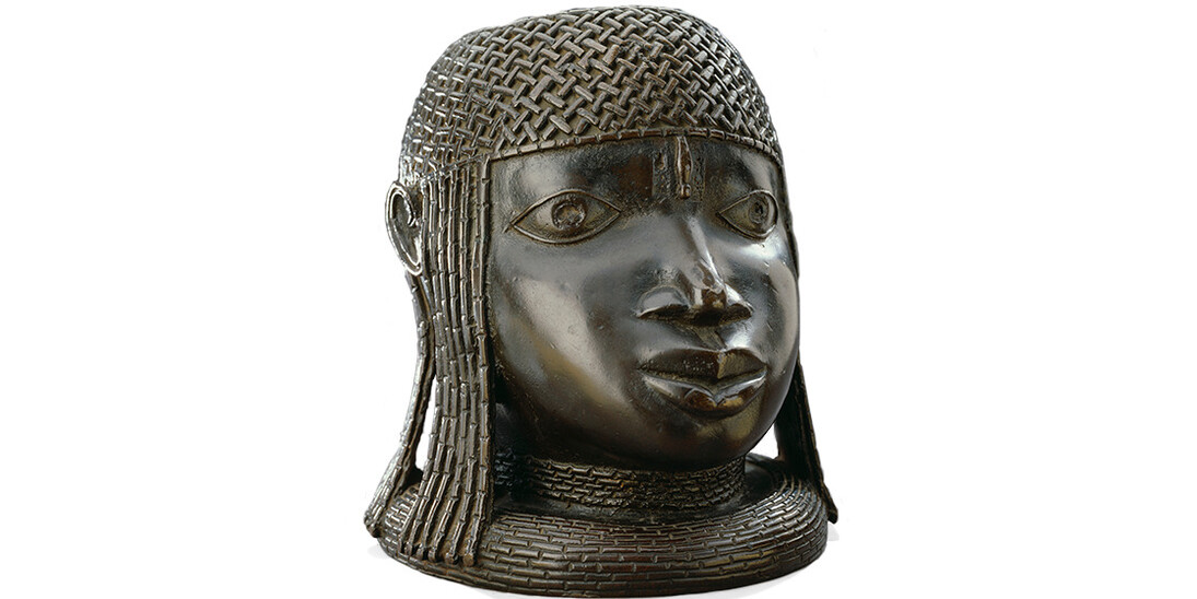 Commemorative Head of an Oba, Nigeria, Benin Kingdom, 16th century. Brass, height: 9 1/8 inches. Purchase: William Rockhill Nelson Trust through the generosity of Donald J. and Adele C. Hall, Mr. and Mrs. Herman Robert Sutherland, and an anonymous donor; The Nelson Gallery Foundation; and the exchange of a Trust property, 87-7.