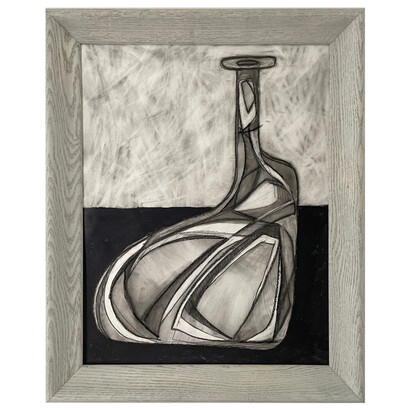 David Dew Bruner, Morandi Bottle 5, 2023, graphite and acrylic on paper, 27.5x21.5 inches. Courtesy of the artist and Carrie Haddad Gallery