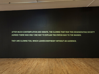 Basim Magdy, Clowns, 2014. Wall text and acrylic. Installation view at Art in General. Image courtesy the artist and Art in General. Photo: Charles Benton.