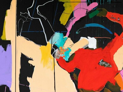 Mary Lovelace O'Neal, Kiss My—Watermelon Lollipop (detail), 2021–2023. Acrylic and mixed media on canvas, 7 x 20 feet (Quadriptych 4). Courtesy of the artist and Marianne Boesky Gallery