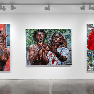 It Is What It Is, group exhibition featuring Xavier Daniels, Lynthia Edwards, Marcus Jansen, Frank Morrison, DaaPo Reo, Terron Cooper Sorrells, Phyllis Stephens, Michael Vasquez, exhibition view. Courtesy of Richard Beavers Gallery, New York