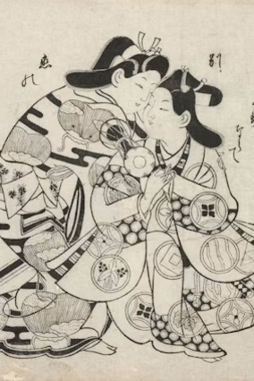Attributed to Sugimura Jihei, An interrupted embrace (detail), about 1685. Courtesy of Art Institute of Chicago