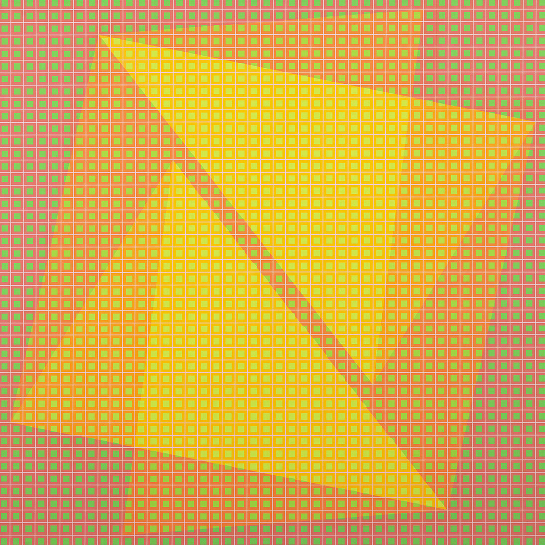 Julian Stanczak, Concealing, 1973, Acrylic on canvas, 44 1/8 by 44 1/8 in.  112.1 by 112.1 cm. Courtesy of the artist and Mitchell-Innes & Nash, NY