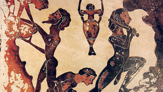 Esclavos trabajando en una mina. Pintura sobre placa de terracota corintia, siglo V a.C.