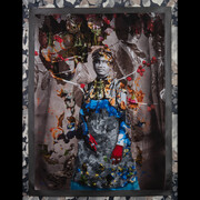 Renluka Maharaj, Zahra and Her Dragon, 2023, pigmented ink print, acrylic paint, acrylic markers, thread, fabric on canvas with bamboo pole, 63x48 inches. Courtesy the artist and Welancora Gallery