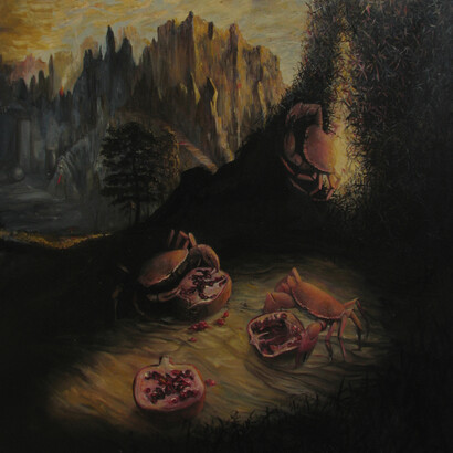 Lula Mari, *Cangrejos y granadas*, 2014. Óleo sobre tela, 90 cm x 80 cm