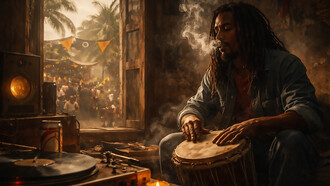 A solitary drummer in a Jamaican interior, where rhythm carries memory, resistance, and the unfinished struggle against Babylon