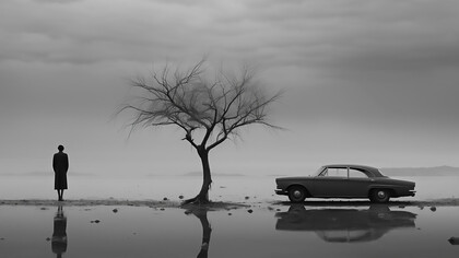 In a black and white image, a sad person stands beside a car and a barren tree