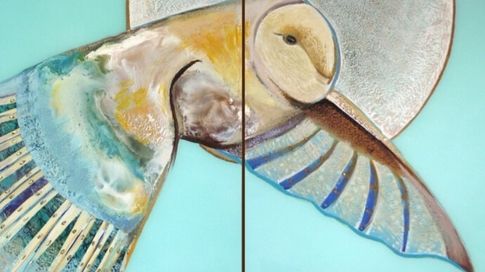Sure Flight" by Carolyn Goodridge, Encaustic on Glass, 28” x 48”- Diptych framed. 