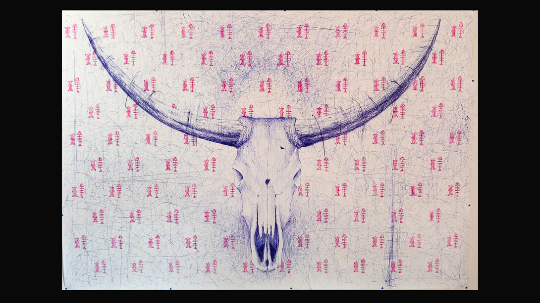 Antonio Riello, Post It, 2021,  280 x 150 cm,  biro rossa e blu su carta