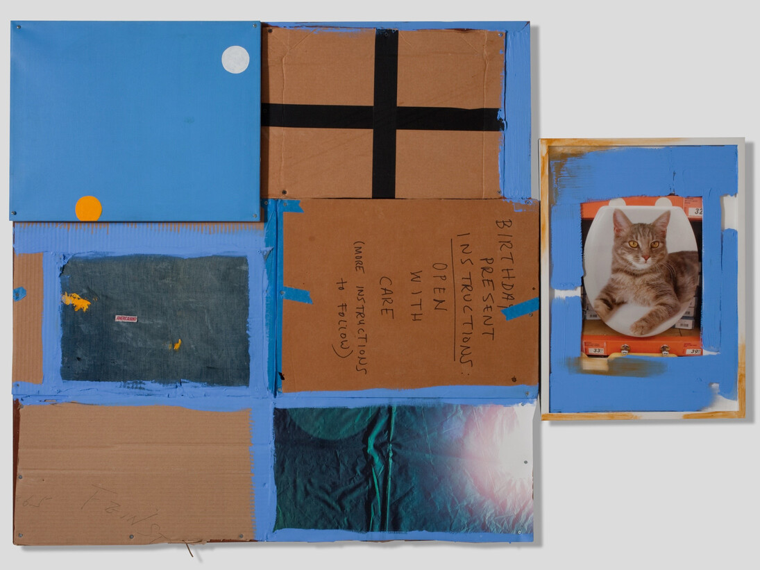 Rochelle Feinstein, Happy Birthday x Rachel, 2009, Stretched oil painting, cloth, board, tape, acrylic, framed photograph (Rachel Harrison), 42 x 60 in.