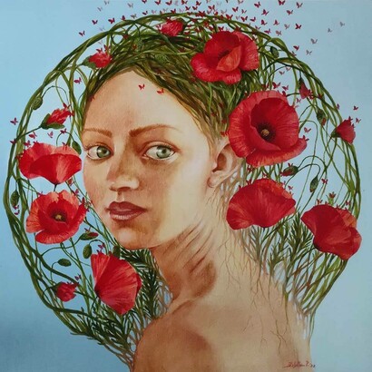 Pierangela Bilotta, Rosso sangue come i papaveri, tecnica mista su legno 60x60