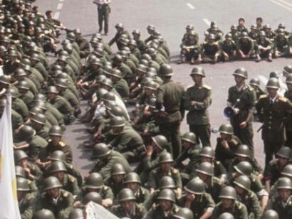 Soldiers instructed to end the student demonstration in Tiananmen Square, Beijing, China