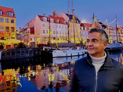 Remy Blumenfeld, in harbour at night with colorful lights, Copenhagen, Denmark
