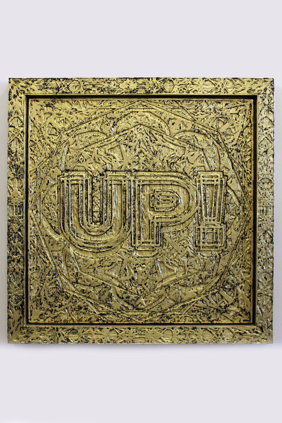 Mark Titchner, Up, 2012. Carved Wood and Imitation Gold Leaf, 141 x 141 x 10 cm